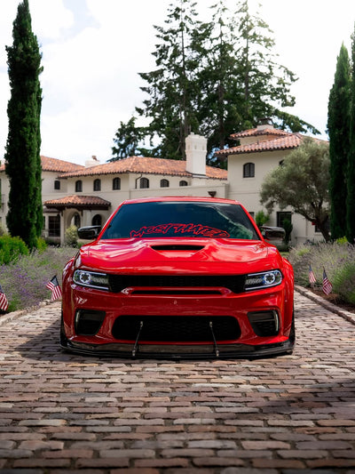2020 Dodge Charger 392 Scatpack Widebody on RVRN RV-T081 deep dish custom forged wheels, head-on front view framed by Italian cypress trees.