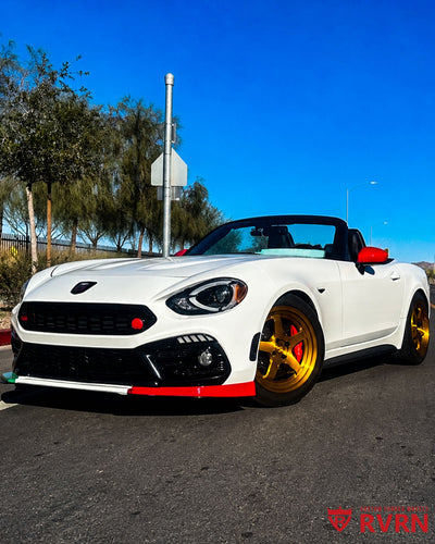 2020 Fiat 124 Abarth on RVRN RV-MJ010 monoblock 5-spoke custom forged wheels in Brushed Dark Gold finish, front three-quarter view with flush fitment on a sunny road.