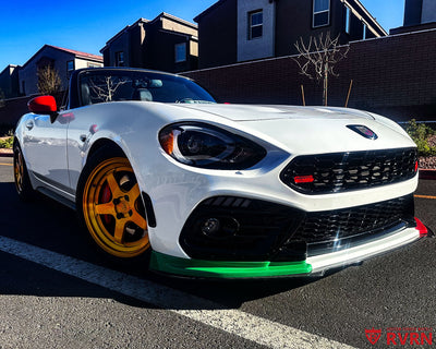 2020 Fiat 124 Abarth on RVRN RV-MJ010 5-spoke custom forged wheels in Brushed Dark Gold, front three-quarter view in a residential parking lot showing the deep dish design.