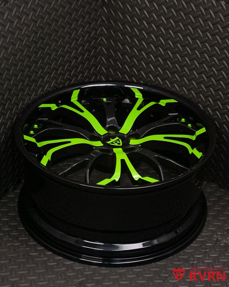 Rear angle detail of custom forged RV-DL09 wheels in Apple Green with Gloss Black barrel for Ford Mustang EcoBoost 2020