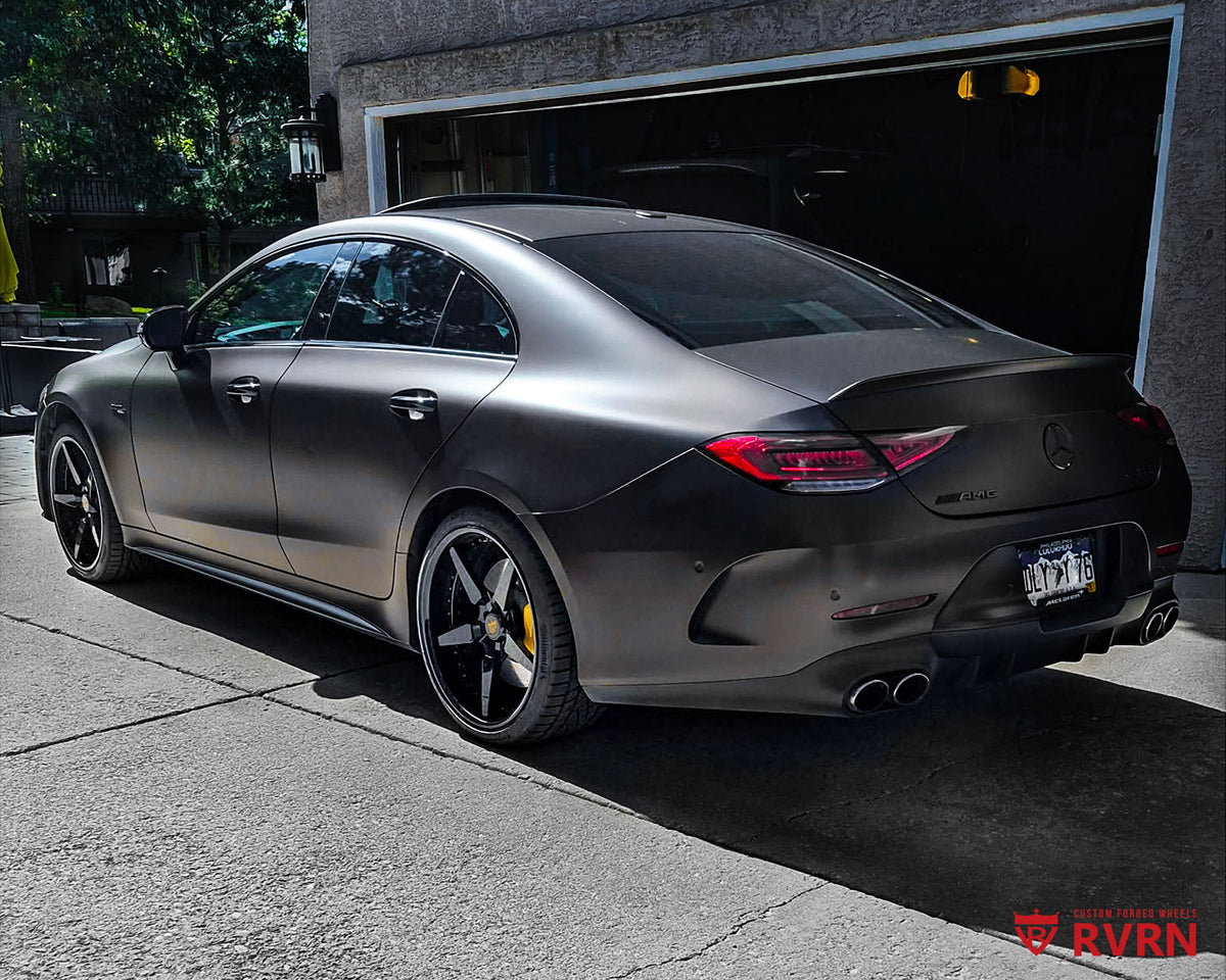 2020 Mercedes AMG CLS 53 rims with RVRN RV-DF14 5-spoke deep dish custom forged 2-piece wheels in gloss black with shiny bronze screws, 20x8.5 front and 20x10 rear.
