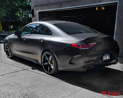 2020 Mercedes AMG CLS 53 rims with RVRN RV-DF14 5-spoke deep dish custom forged 2-piece wheels in gloss black with shiny bronze screws, 20x8.5 front and 20x10 rear.