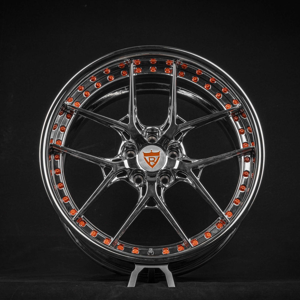 Chrome deep dish custom wheel for 2020 Mustang GT with orange accents.