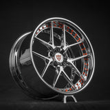 Chrome deep dish custom wheel for 2020 Mustang GT with black and red accents. Best place to purchase Mustang wheels.