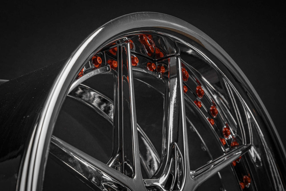 Deep dish chrome custom wheel for 2020 Mustang GT with red accents, best place to purchase Mustang wheel upgrades.
