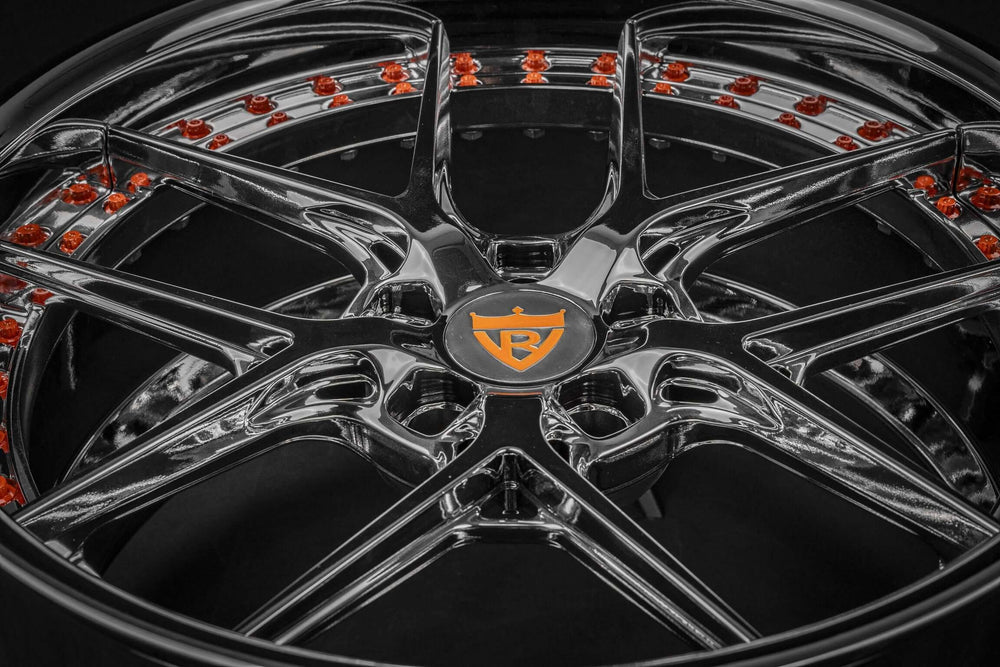 Chrome custom wheel for 2020 Mustang GT with deep dish design and orange accents, best place to purchase Mustang wheel.