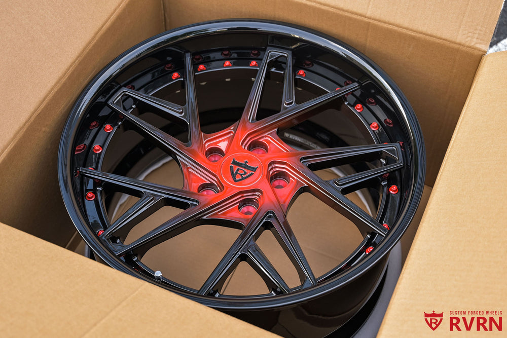 Corvette C8 forged wheels 19x8.5 and 20x11 RV-DS74 side profile showing deep concave styling and gloss black red finish
