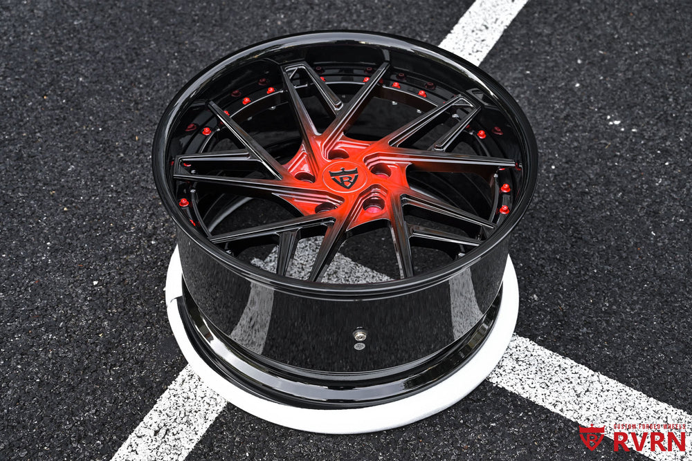 2021 Chevrolet Corvette Stingray custom forged wheels RV-DS74 featuring gloss black barrel and red accented spokes in staggered setup