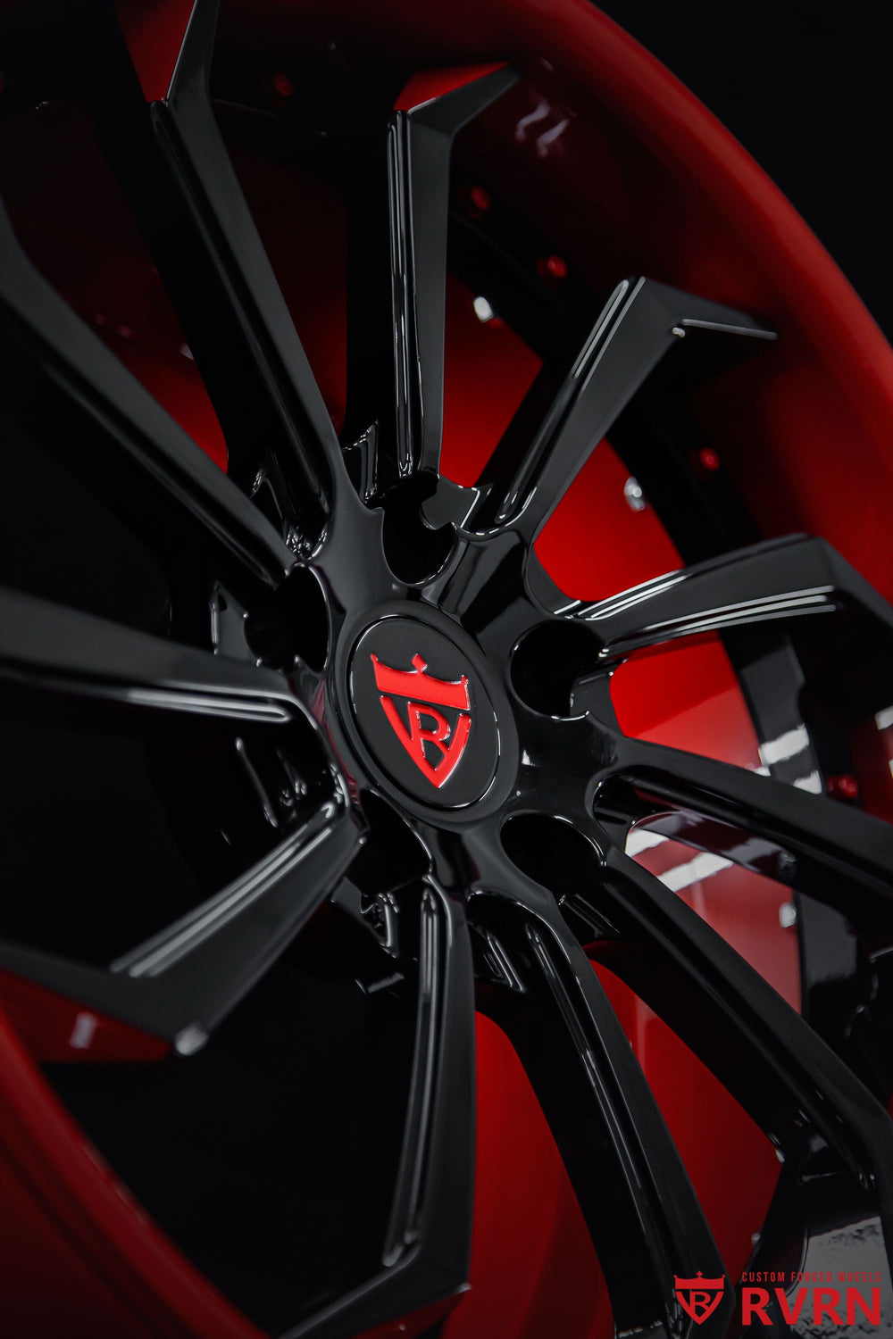 Detail view of the RVRN RV-DC01 gloss red barrel on a custom 2-piece forged Corvette C8 wheel
