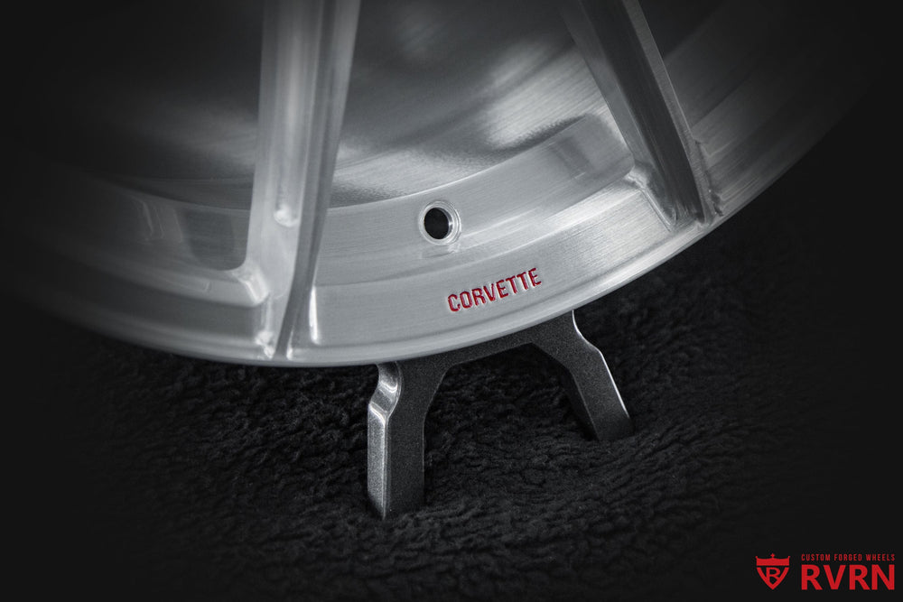 2021 Corvette C8 Stingray with RVRN RV-MJ02 1 piece forged multi spoke wheels in all brushed aluminum finish sized 20x10 +33 front and 21x13 +51 rear