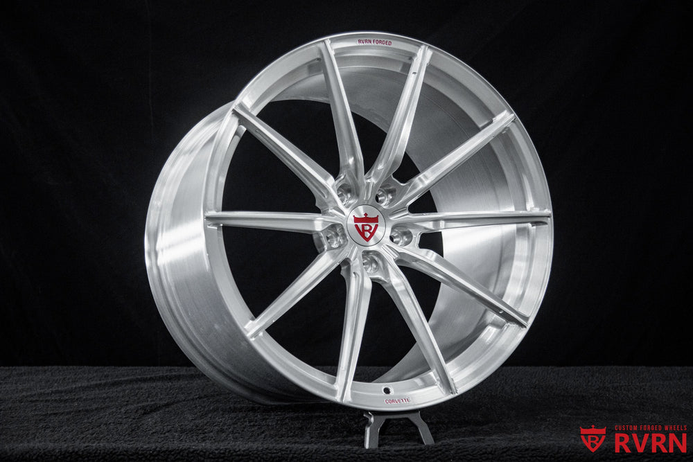 Corvette C8 Stingray forged wheels RV-MJ02 brushed aluminum multi spoke setup with staggered 20x10 and 21x13 fitment