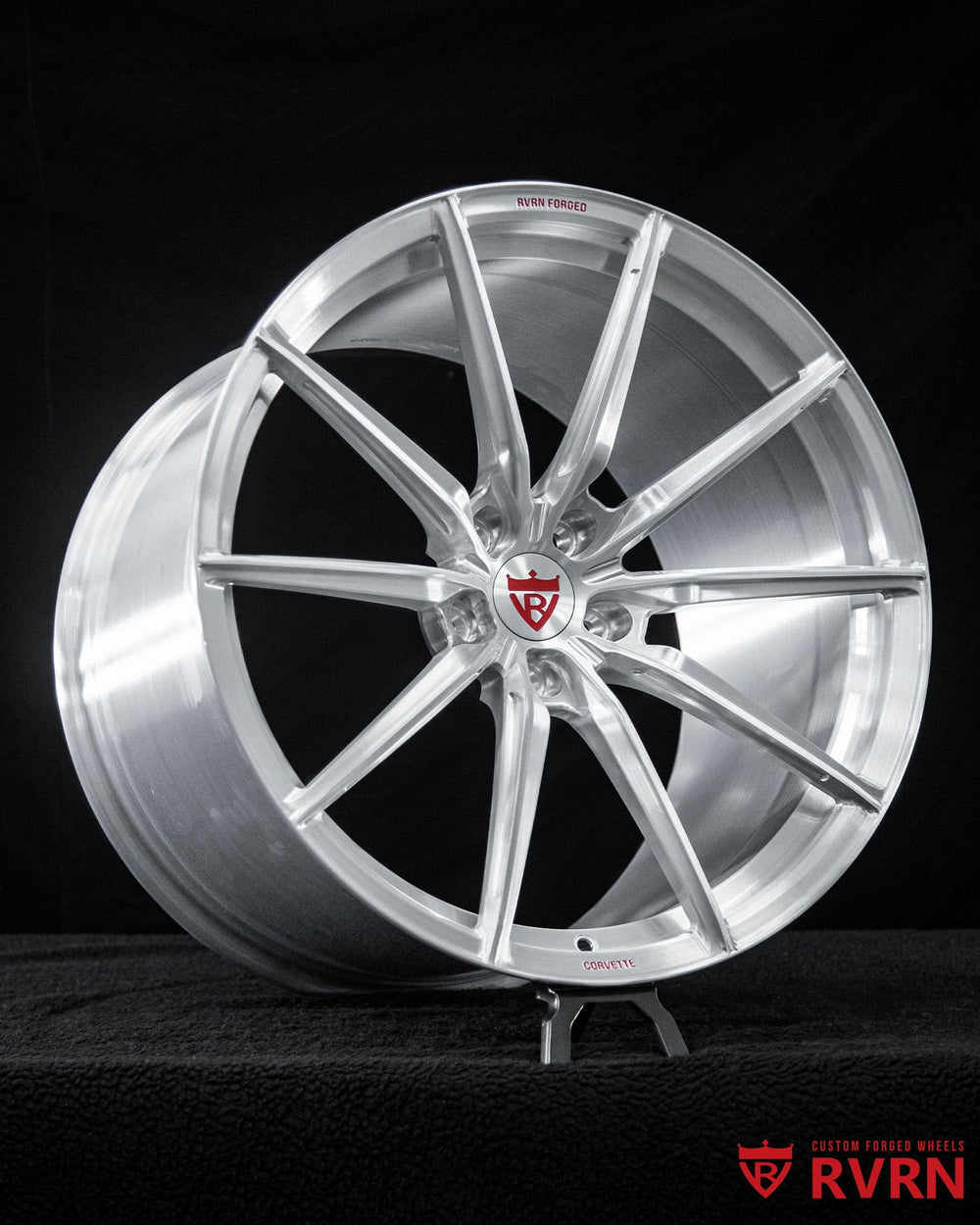 Custom Corvette C8 Stingray wheel fitment with RV-MJ02 forged monoblock wheels and staggered performance sizing