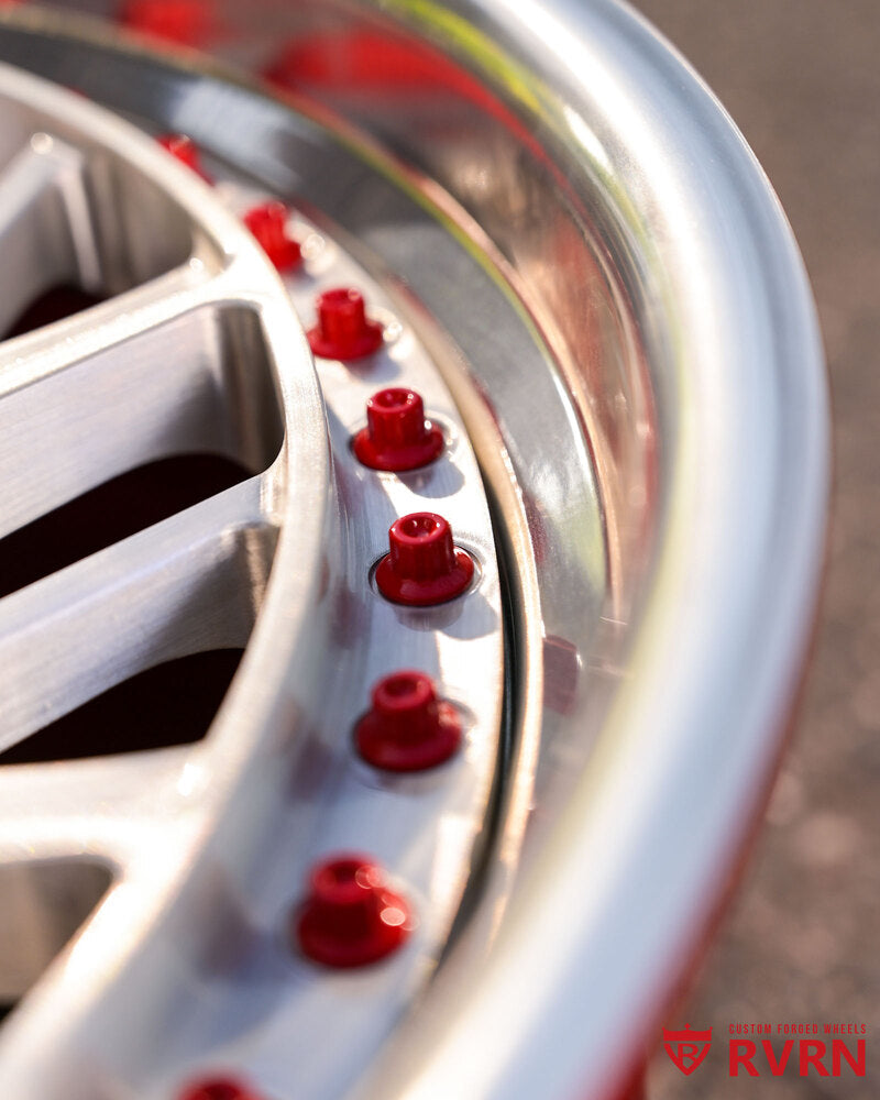Corvette red wheels with brushed aluminum and burgundy barrel