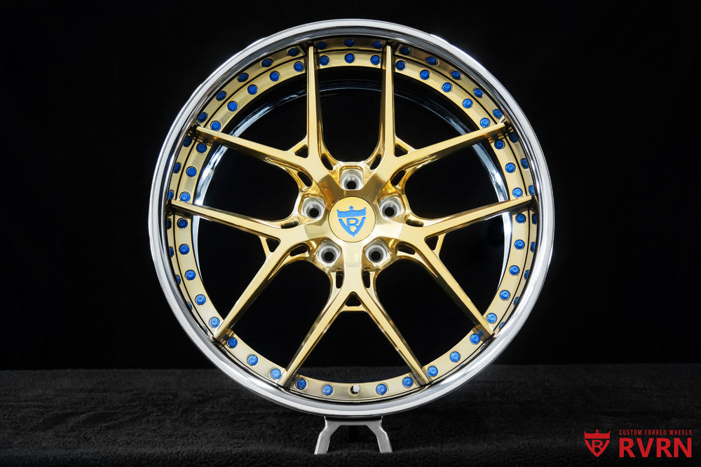 Close-up of RVRN RV-DR08 Polished Frozen Gold spokes on custom Corvette C8 Z51 forged wheels, 20x9 front and 21x12 rear
