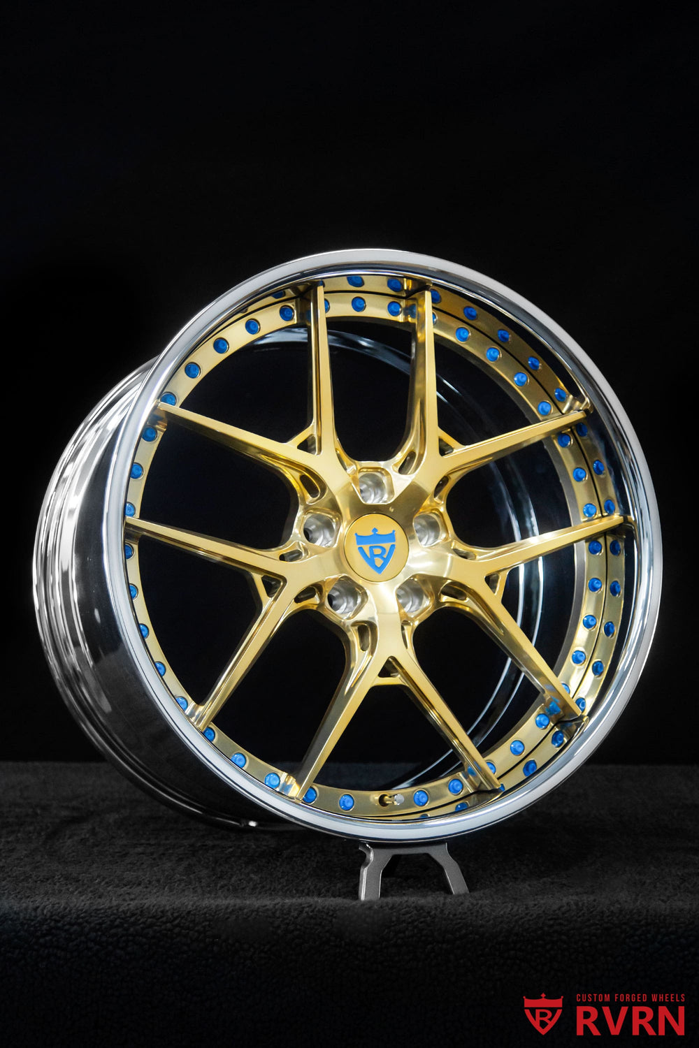 Close-up of RVRN RV-DR08 Polished Frozen Gold spokes on custom Corvette C8 Z51 forged wheels, 20x9 front and 21x12 rear