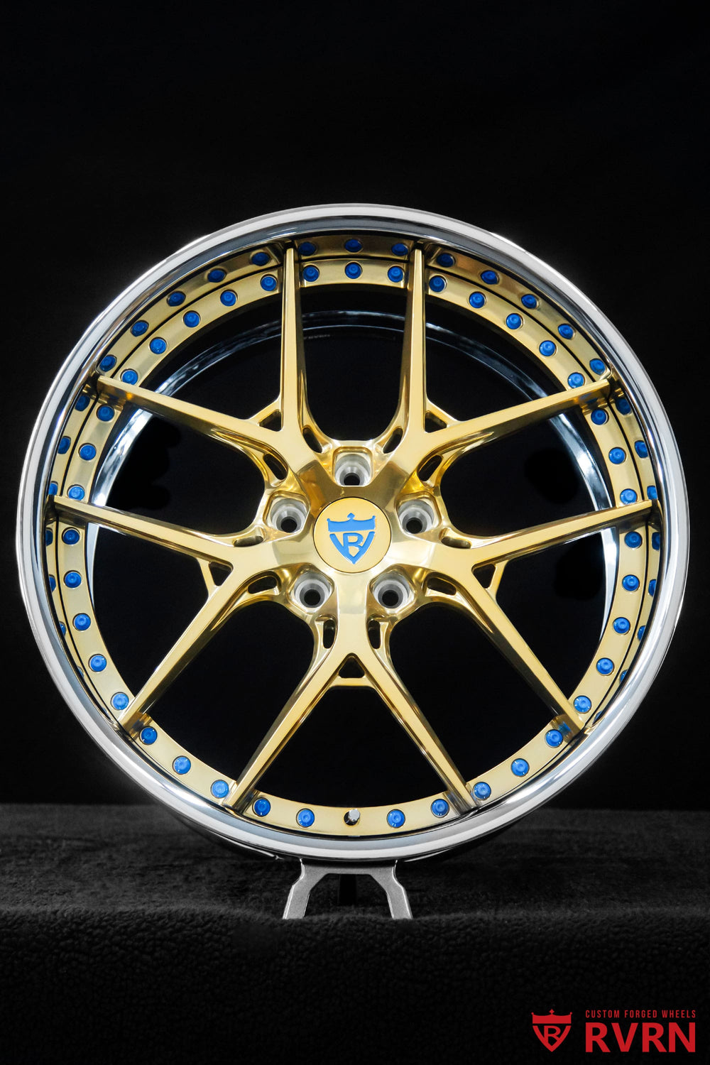 RVRN RV-DR08 Corvette C8 wheels for a 2021 C8 Z51 in Polished Frozen Gold with Chrome Barrel, 20x9 front and 21x12 rear