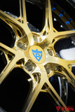 Front three-quarter view of a 2021 Corvette C8 Z51 on RVRN Y-spoke custom forged wheels in Polished Frozen Gold and Chrome, 20x9 front and 21x12 rear