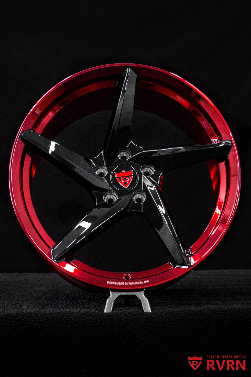 Close-up of RV-MC35 5-spoke custom forged wheels for the Corvette C8 Z51, featuring Gloss Black spokes and 19x8.5 front fitment
