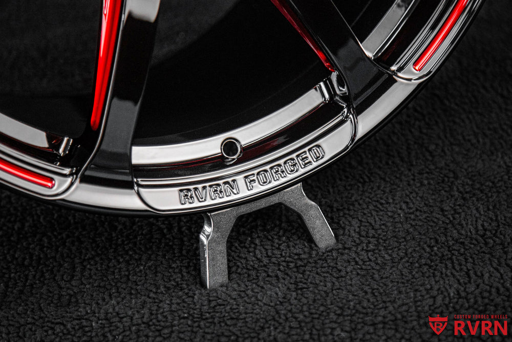 RVRN MH092 forged monoblock wheel for 2021 Corvette C8 Z51 in gloss black with transparent red engraving, front angle view 19x8.5.