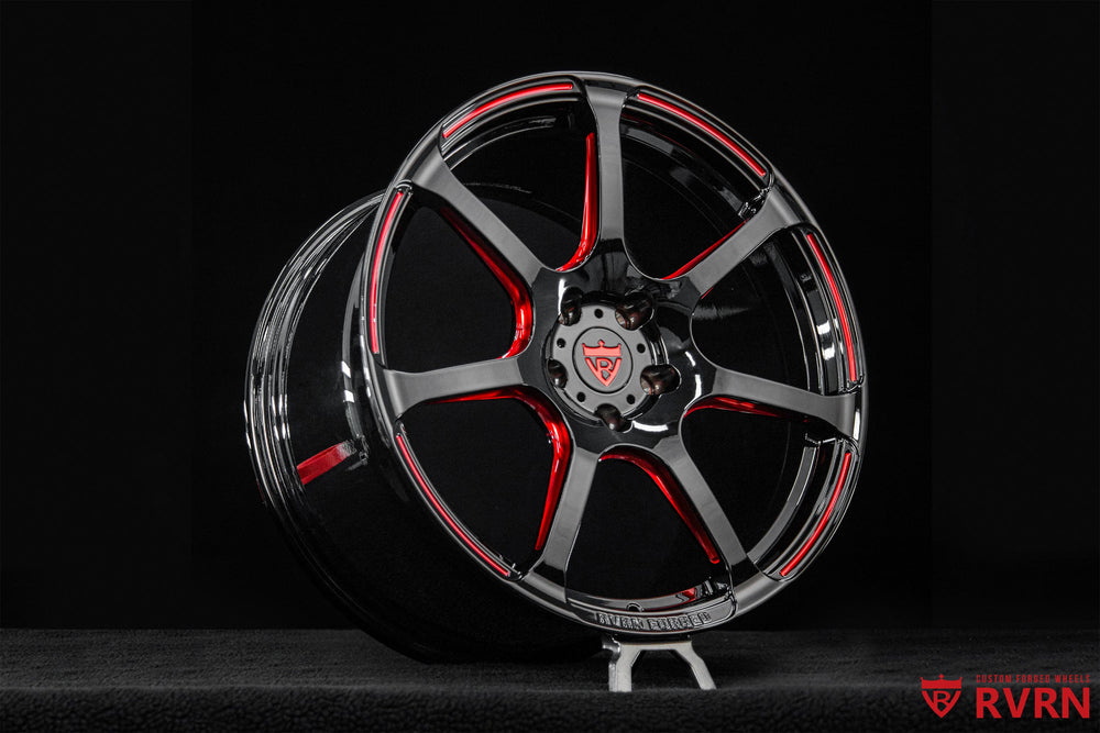 Rear fitment view of RVRN MH092 Corvette C8 Z51 forged wheel in 20x11, gloss black finish with red accents.