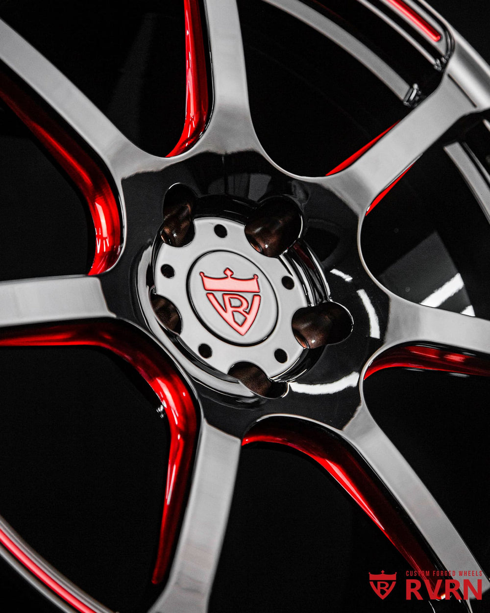 RVRN design-your-own-wheels program showcased with MH092 gloss black and transparent red finish.