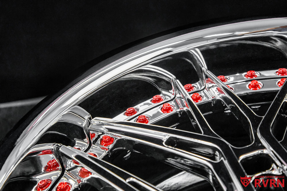 Front view of RVRN RV-T081 all-chrome forged wheels on 2021 Corvette C8 Stingray – performance 2-piece design