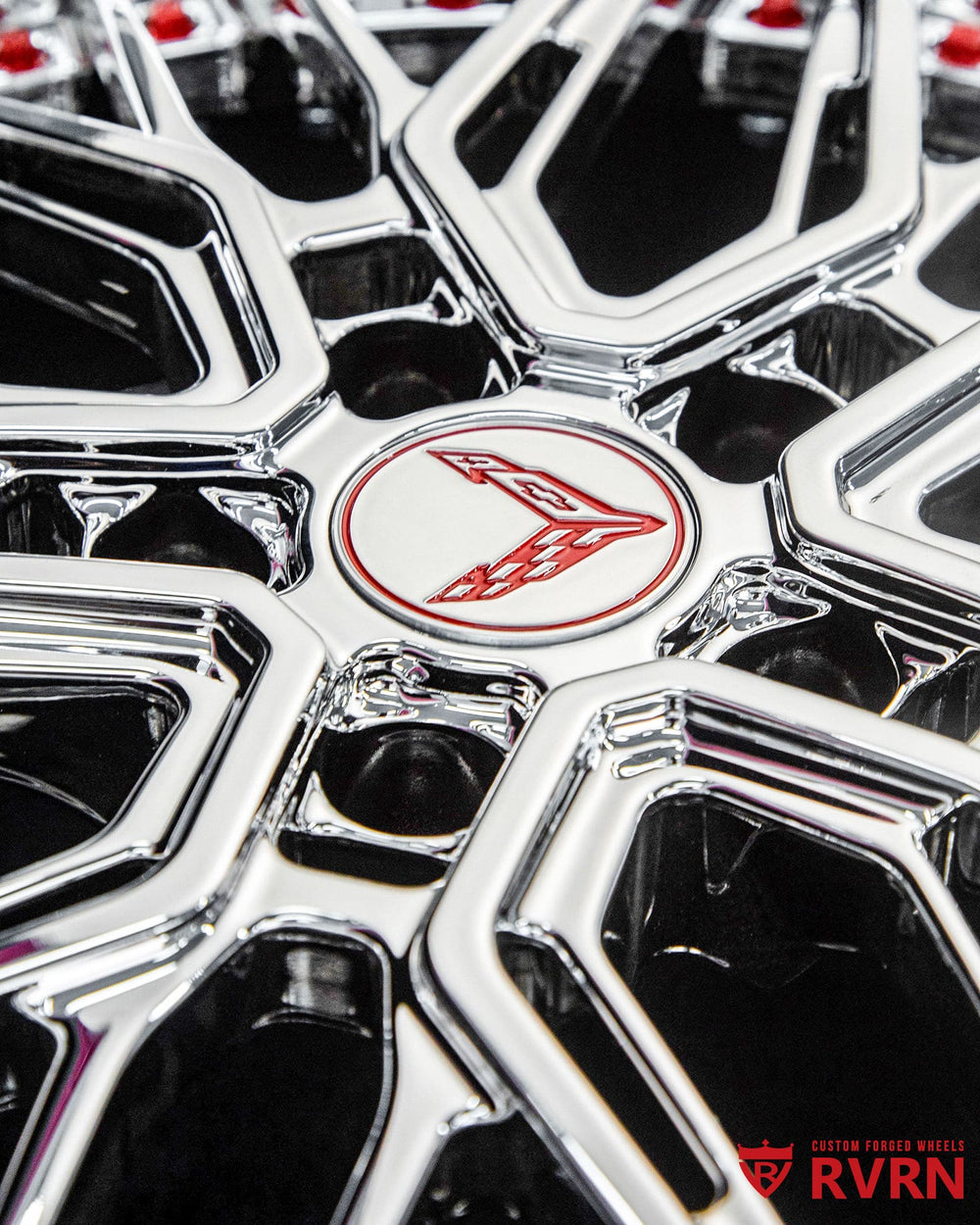 RVRN forged wheel chrome center cap with custom detailing and precision machining