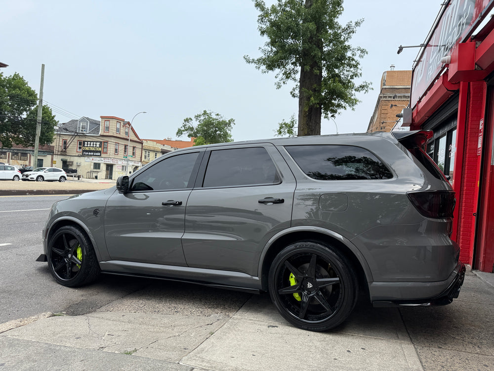 Side view of a grey 2021 Dodge Durango SRT Hellcat on Gloss Black RVRN RV-DC19 forged wheels