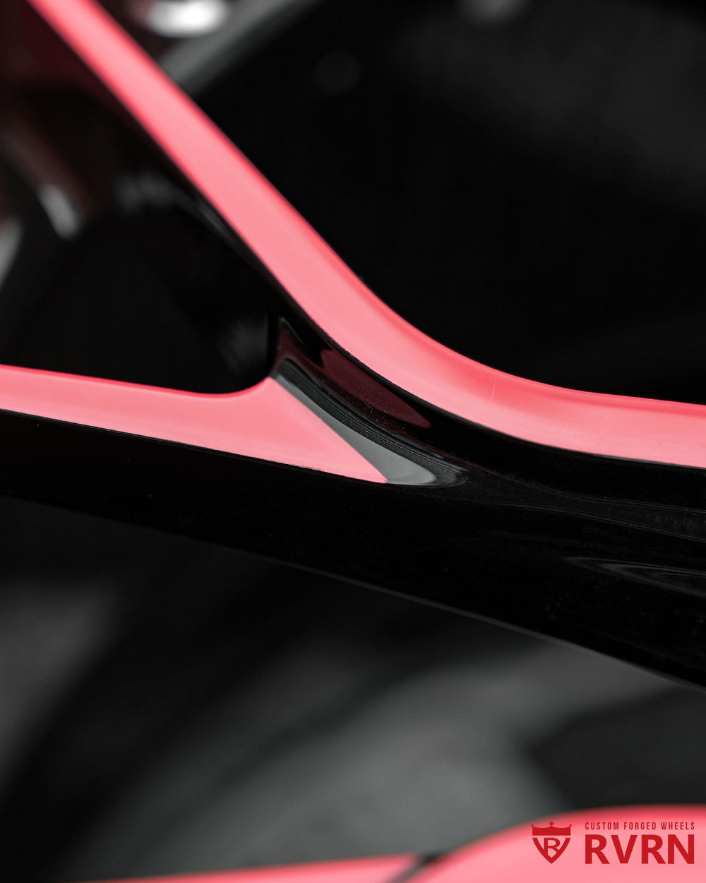 Custom color Jeep Wrangler forged wheels by RVRN Wheels featuring personalized gloss black and pink spoke combination
