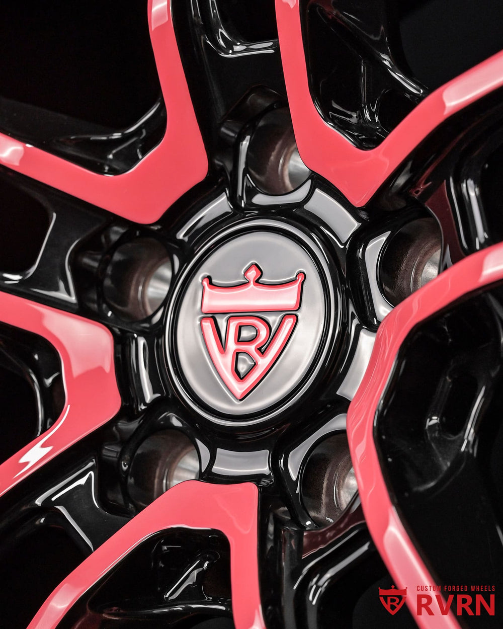 Design your own Jeep Wrangler forged wheels with custom gloss black and pink finish in 20x12.5 sizing by RVRN Wheels