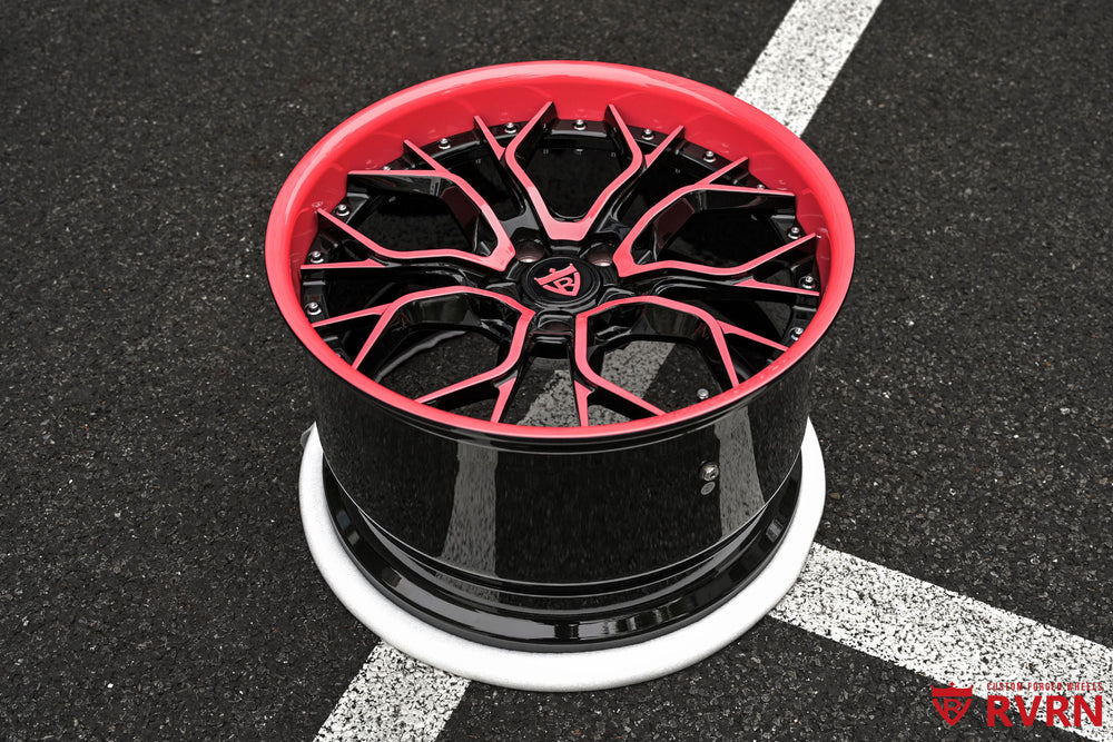 RVRN Wheels RV-DR16 Jeep Wrangler forged wheels in gloss black and pink finish for 2021 Jeep Wrangler Unlimited 80 Anniversary 20x12.5 +56MM custom setup