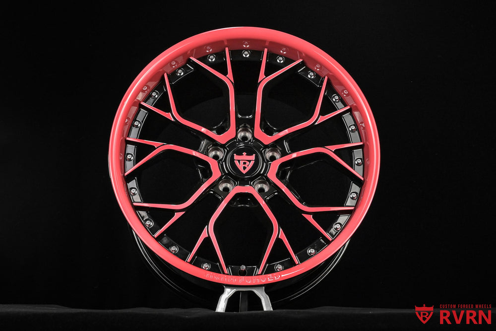 2021 Jeep Wrangler Unlimited 80 Anniversary with custom pink wheels and gloss black forged wheel design by RVRN Wheels size 20x12.5 +56MM