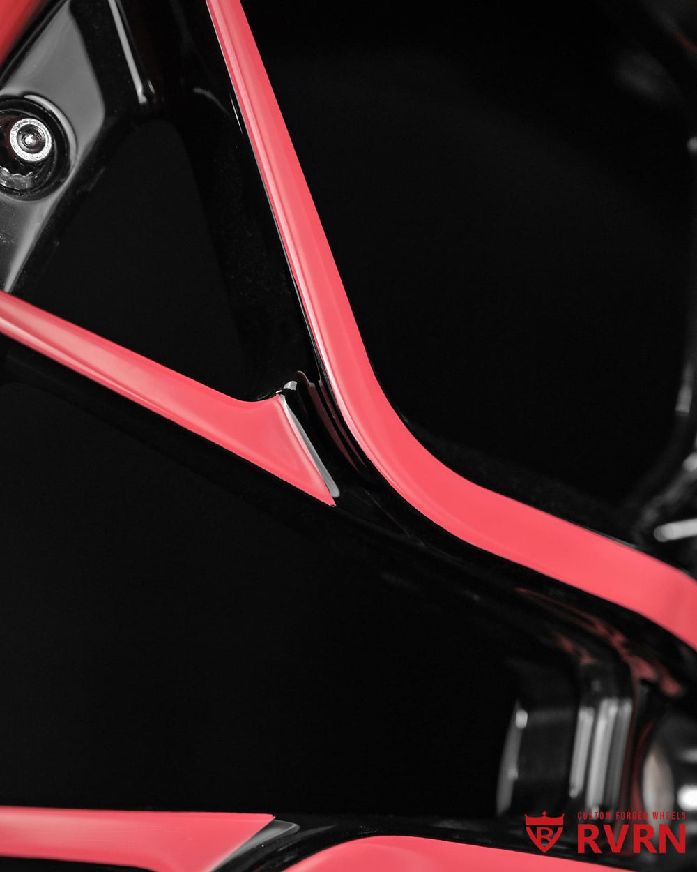 Two piece forged Jeep Wrangler wheels RV-DR16 with custom color matched gloss black and pink styling in 20x12.5 fitment
