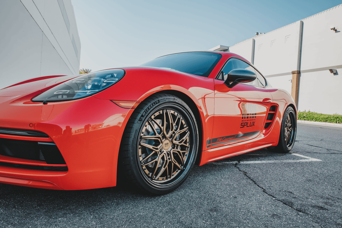 Porsche Cayman T with custom RV-T081 wheels installed front view