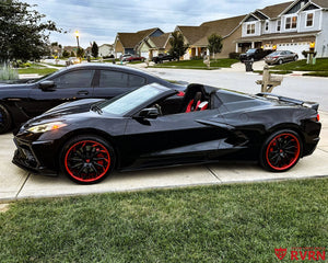 2021 Corvette C8 Stingray convertible on RVRN RV-DC01 forged wheels, side view with the top down.