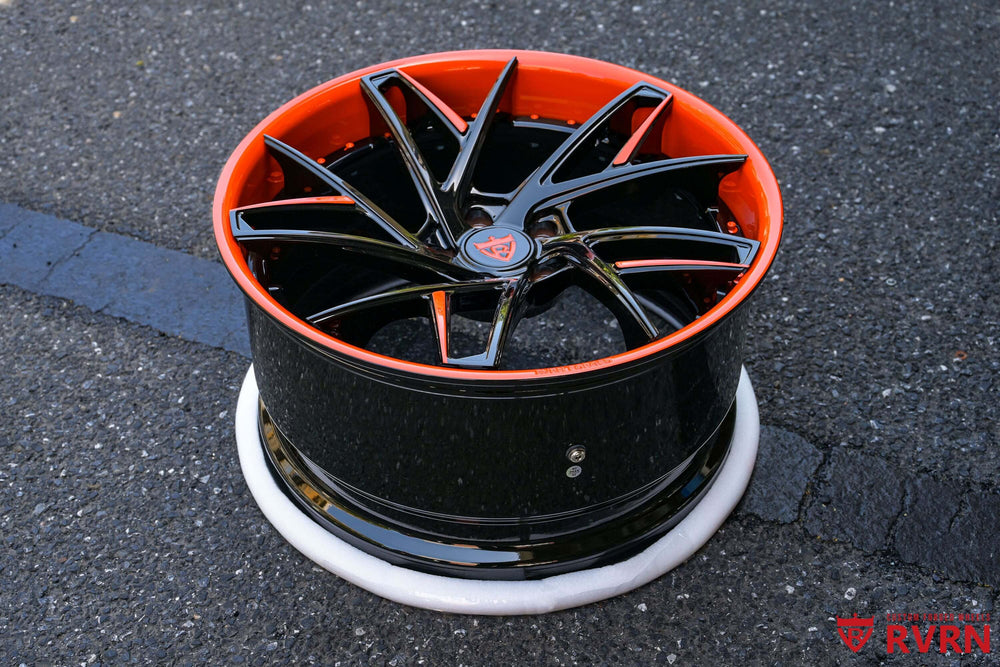 C8 Corvette custom wheels featuring orange and black design, ideal for enhancing C8 Sebring performance and aesthetics.