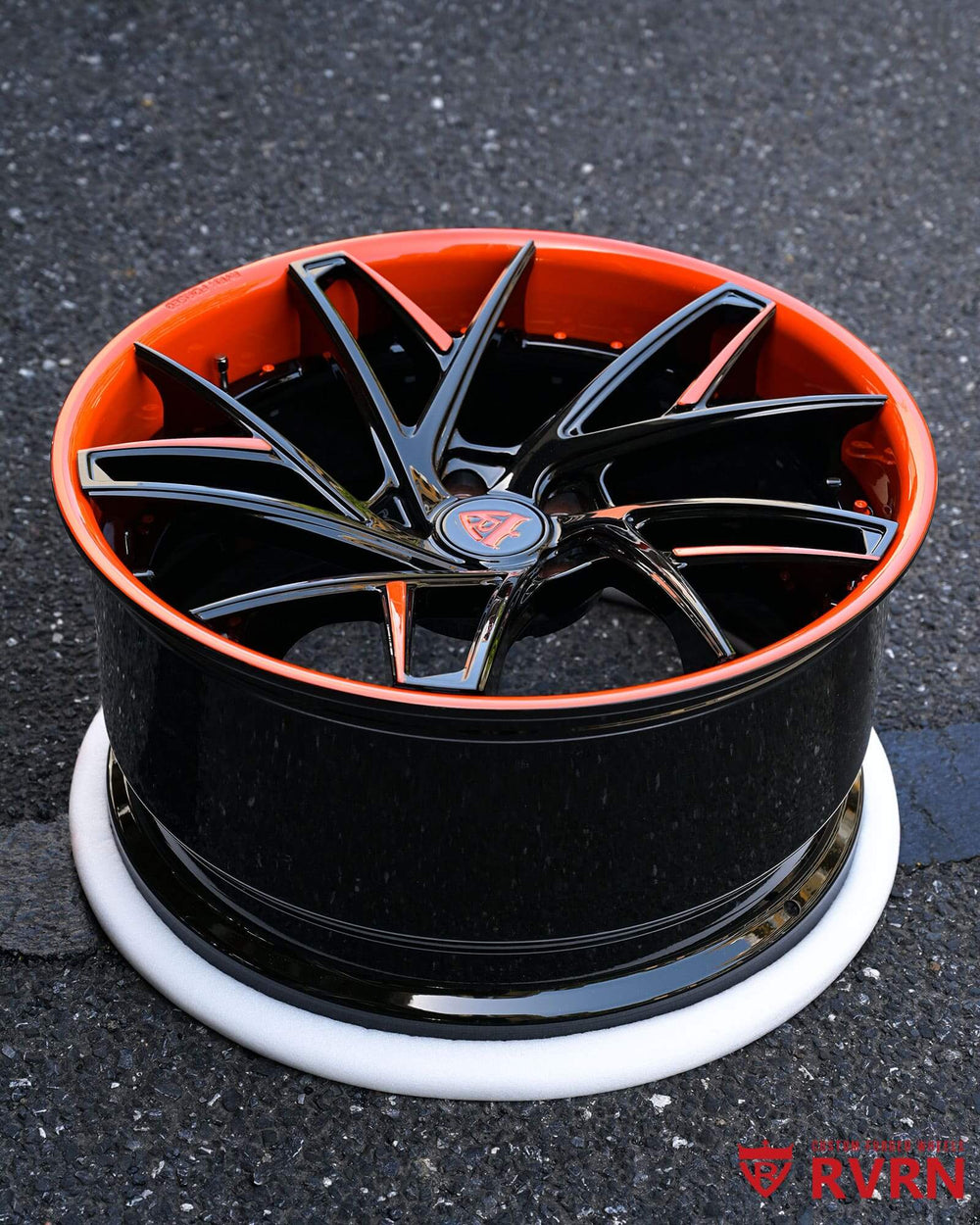 C8 Corvette custom wheels featuring striking orange and black rims, perfect for enhancing your C8 Sebring orange vehicle.