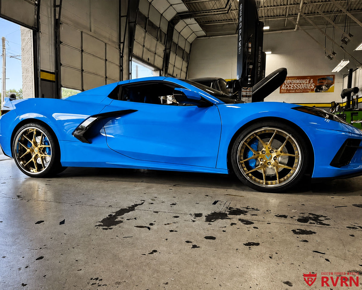 2021 Corvette C8 Z51 on RVRN RV-DR08 2-piece deep lip custom forged wheels in Polished Frozen Gold Spoke with Chrome Barrel, front three-quarter view after installation.
