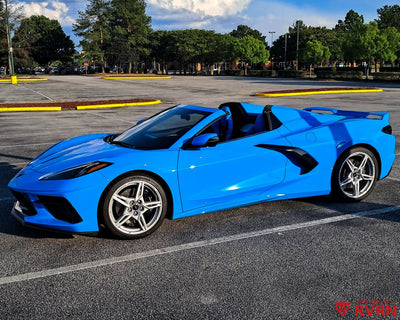 2021 Corvette C8 Z51 with factory stock wheels before installing the RVRN RV-DR08 custom forged set, front three-quarter view.