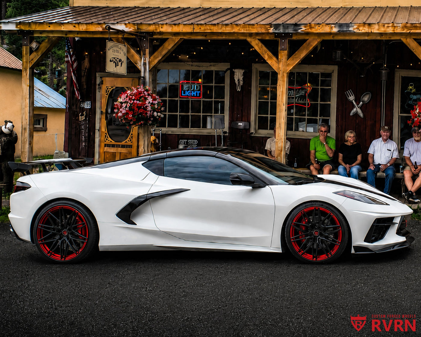 2021 Corvette C8 Z51 on RVRN RV-MS808 custom forged wheels with Gloss Black Spoke and Crystal Burgundy Barrel, side profile at Sunshine Gulch Saloon, 20x9 front and 21x12 rear staggered fitment.