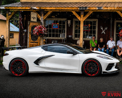 2021 Corvette C8 Z51 on RVRN RV-MS808 custom forged wheels with Gloss Black Spoke and Crystal Burgundy Barrel, side profile at Sunshine Gulch Saloon, 20x9 front and 21x12 rear staggered fitment.