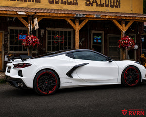 2021 Corvette C8 Z51 on RVRN RV-MS808 custom forged wheels, rear three-quarter view showing quad exhaust at Sunshine Gulch Saloon.