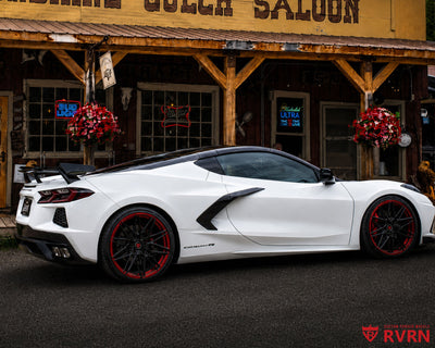 2021 Corvette C8 Z51 on RVRN RV-MS808 custom forged wheels, rear three-quarter view showing quad exhaust at Sunshine Gulch Saloon.