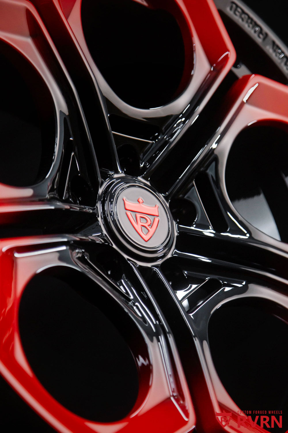 Rear view of RV-MA05 concave Audi forged wheels in 21x12 custom fitment, finished in gloss black with red gradient spokes