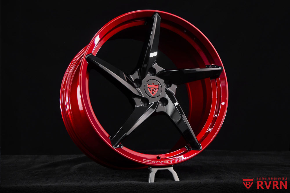 Side profile of 2022 Corvette C8 Stingray with RVRN 5-spoke forged wheels, custom fitment in 19x8.5 front and 20x11 rear