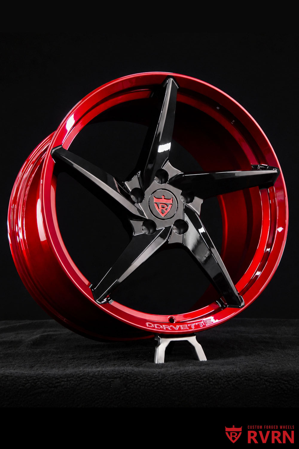 2022 Corvette C8 Stingray on RVRN RV-MC35 custom forged wheels with 5-spoke design, gloss black and black cherry red finish, 19x8.5 and 20x11 fitment