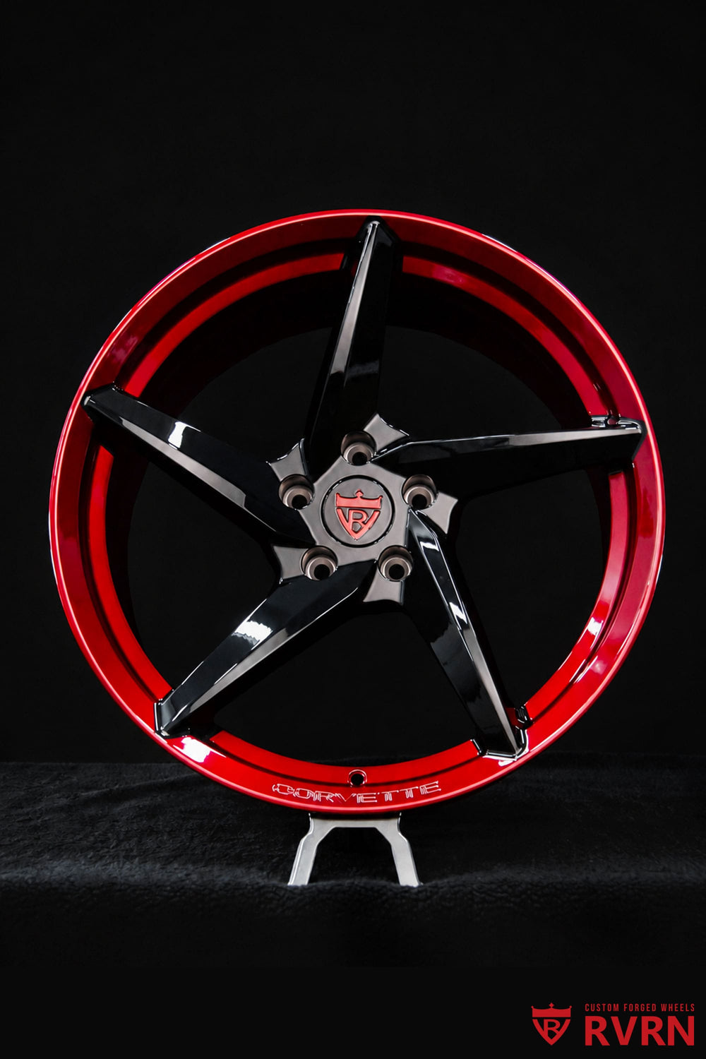 Front view of Corvette C8 wheels featuring RV-MC35 5-spoke forged wheels in gloss black and custom black cherry red finish