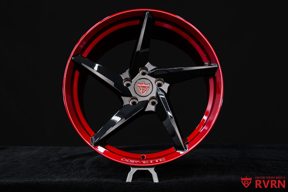 Detailed view of Corvette C8 Stingray custom black and red rims with RV-MC35 forged aluminum 5-spoke wheel design