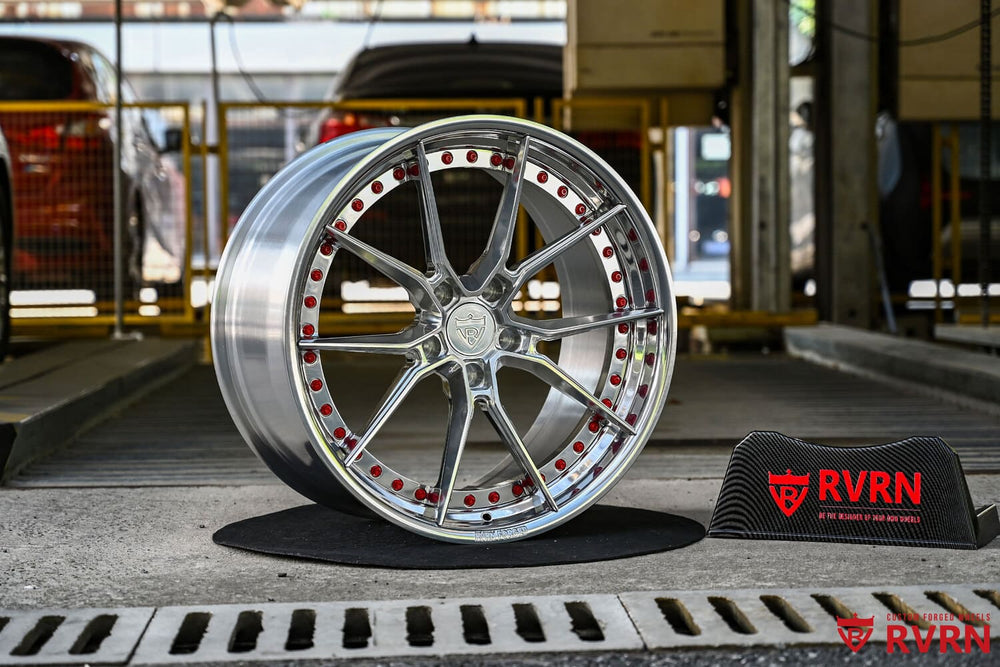 Polished aluminum RVRN RV-DB082 forged wheel standing in the workshop, 2022 Corvette C8 Z51