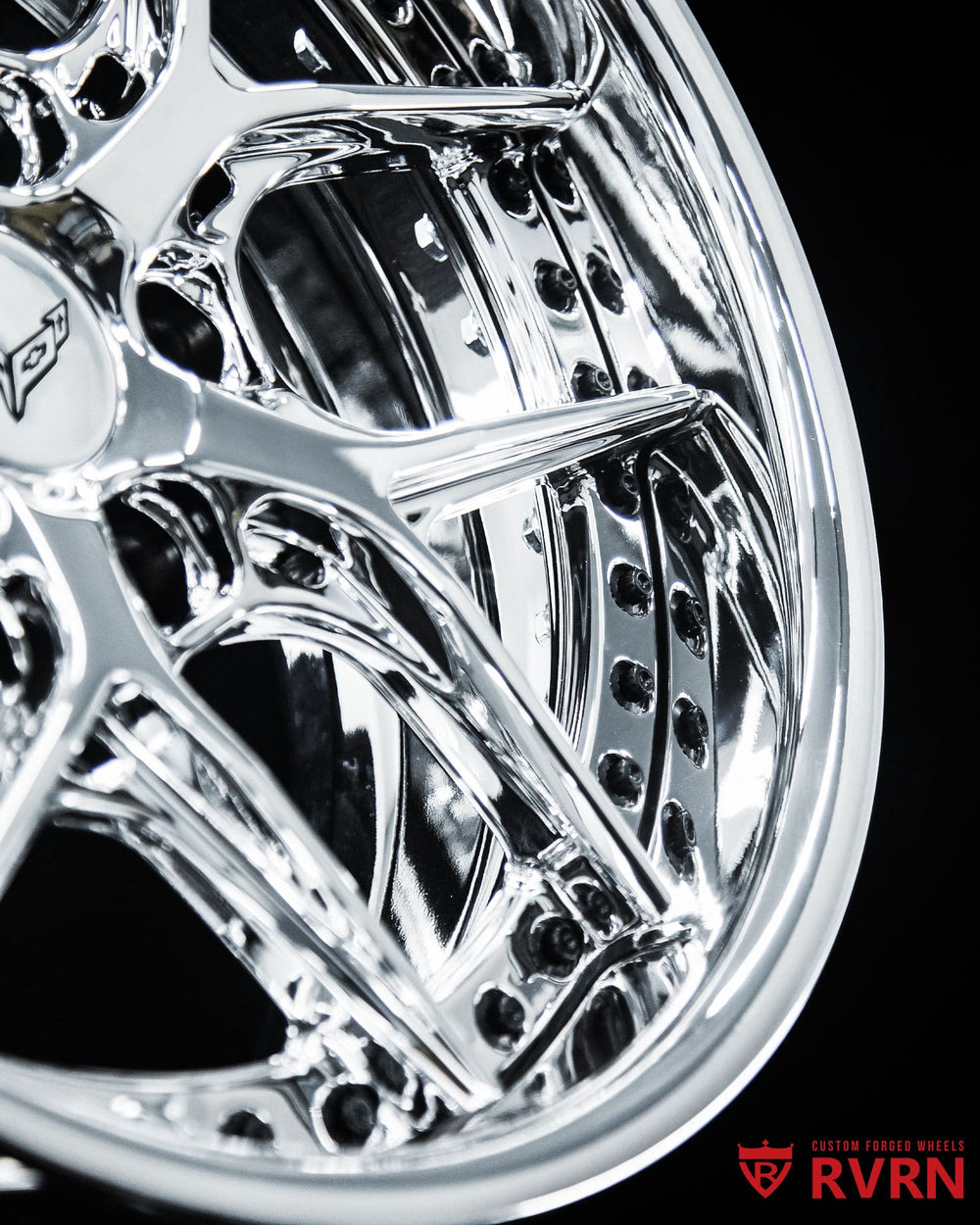 Corvette C8 Z51 wheels RV-DV03 all chrome 2 piece forged wheels in 19x8.5 +40 and 20x11 +52 Y spoke setup front angle view